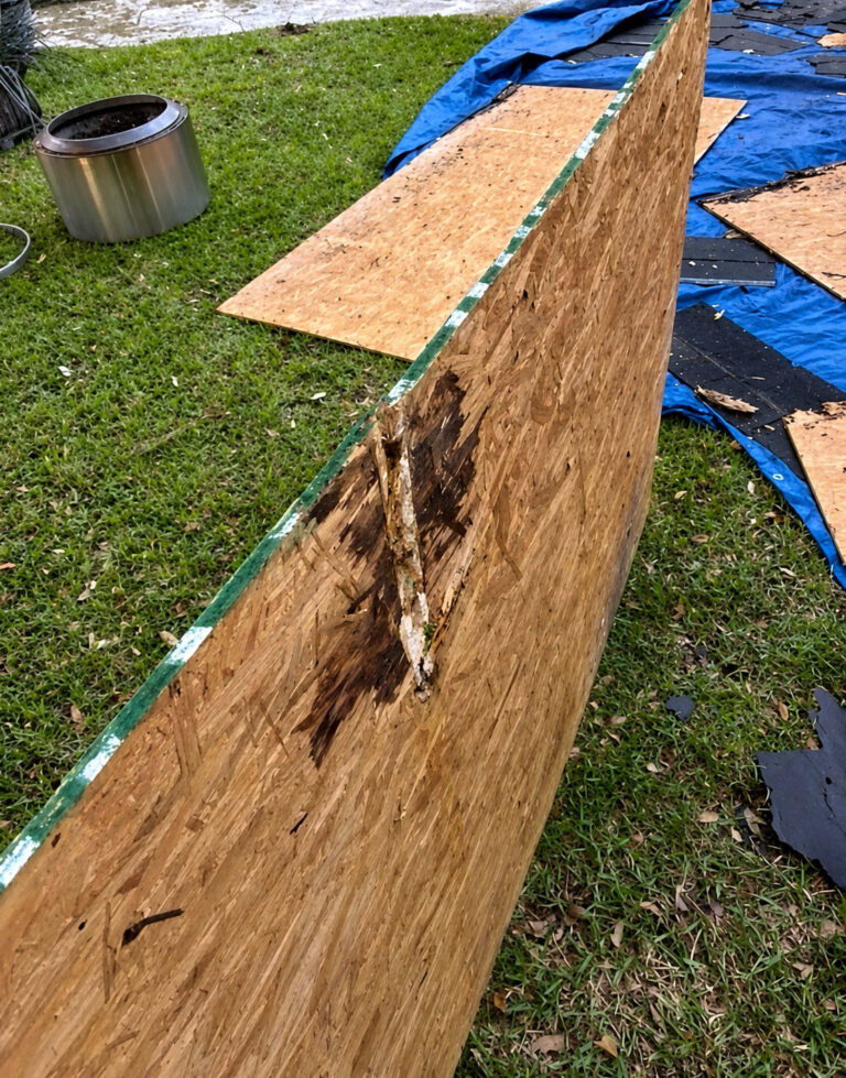 During_2 - Driftwood Builders Roofing Burned and torn edge of an OSB wood panel leaning upright in a backyard, with green grass and a blue tarp nearby.