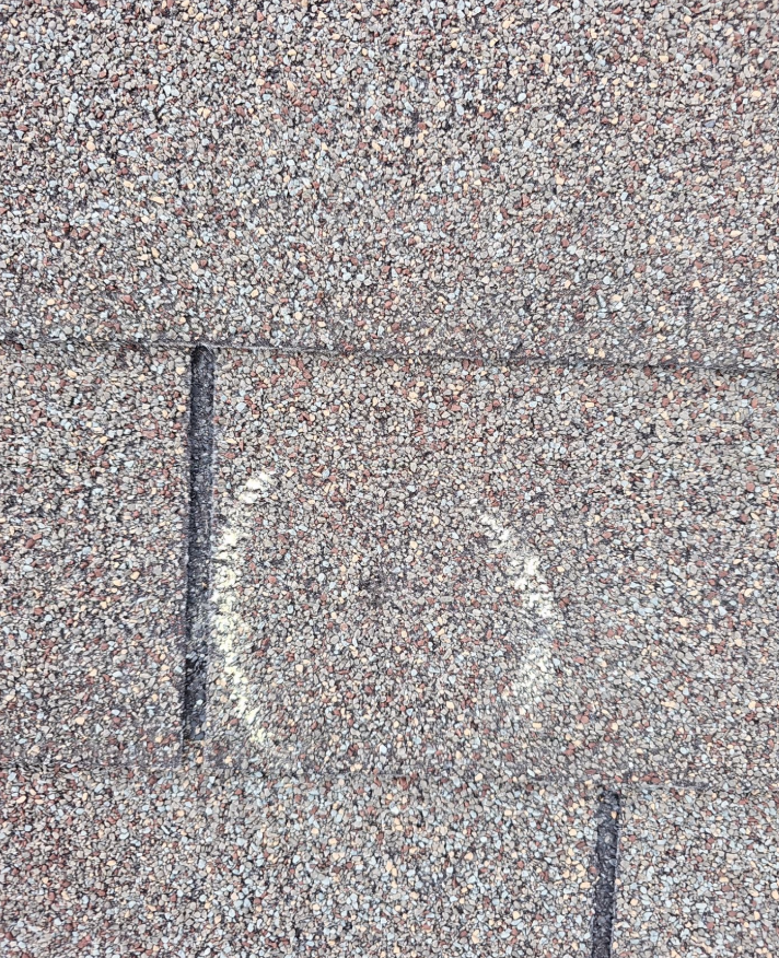 before_02_hail_damage_shingles - Driftwood Builders Roofing Close-up of an asphalt shingle roof with white chalk markings: a vertical line on the left and a chalked number on the right, likely indicating measurements or sections.