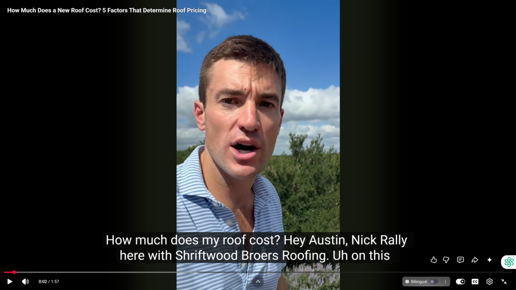 Close-up of a man outdoors speaking, with blue sky and trees behind him; video thumbnail about roof costs, with caption reading 'How much does my roof cost? ...'