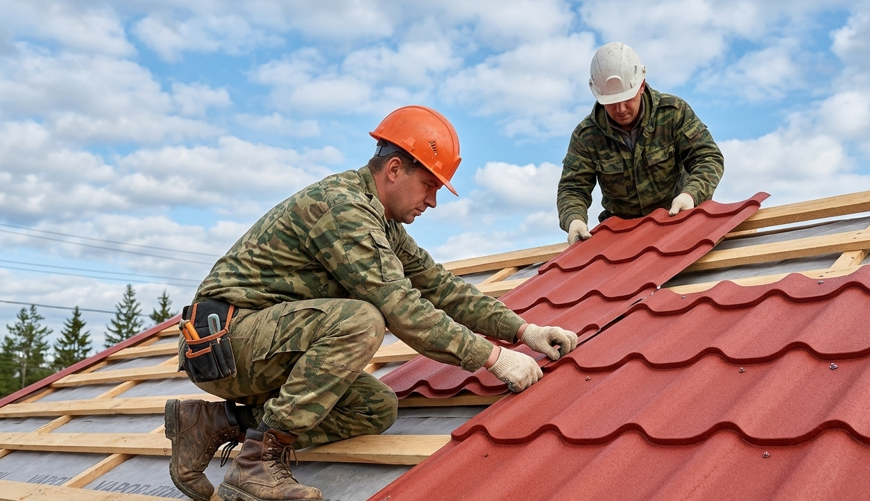 Gemini_Generated_Image_fz5rrqfz5rrqfz5r - Driftwood Builders Roofing - Driftwood Builders Roofing Two construction workers in camouflage gear lay red corrugated metal roof panels on a wooden roof frame under a blue sky.