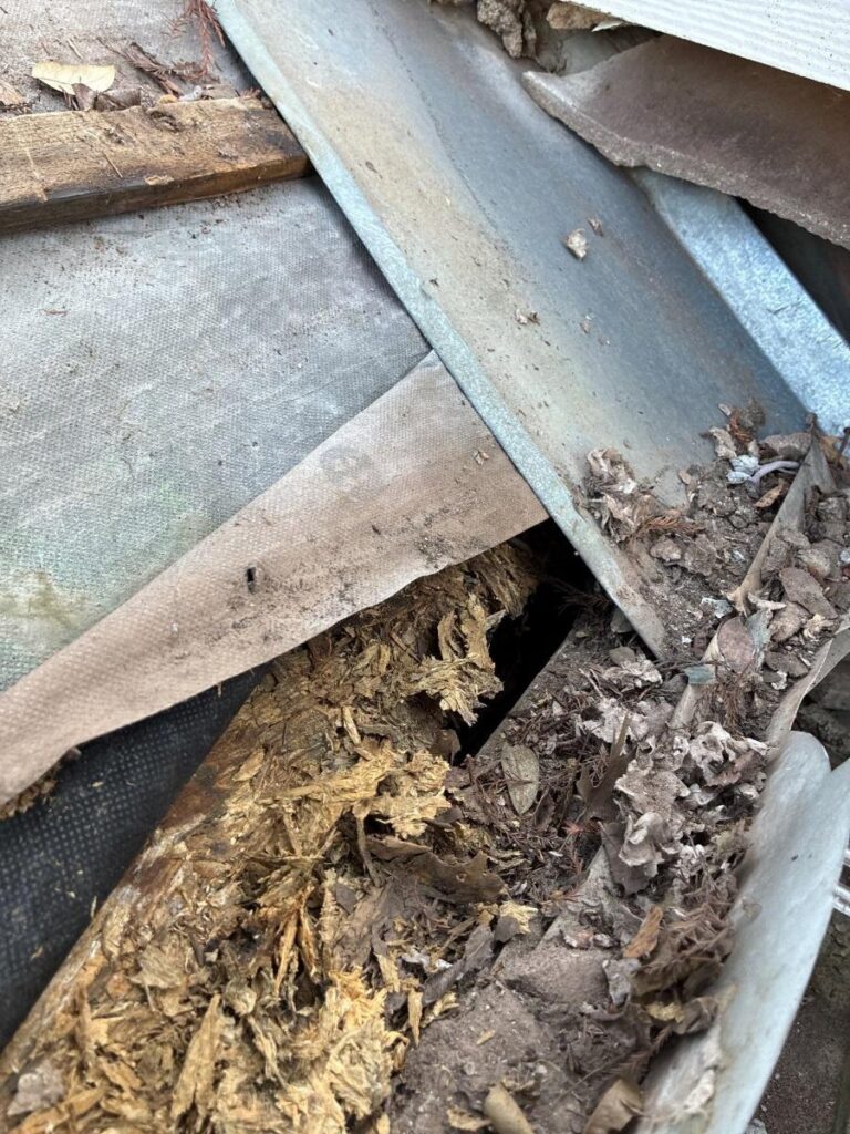 before_1 - Driftwood Builders Roofing Cluttered debris from a collapsed roof: rusted metal panels, rotted wood, and dry leaves mingled in dirt.