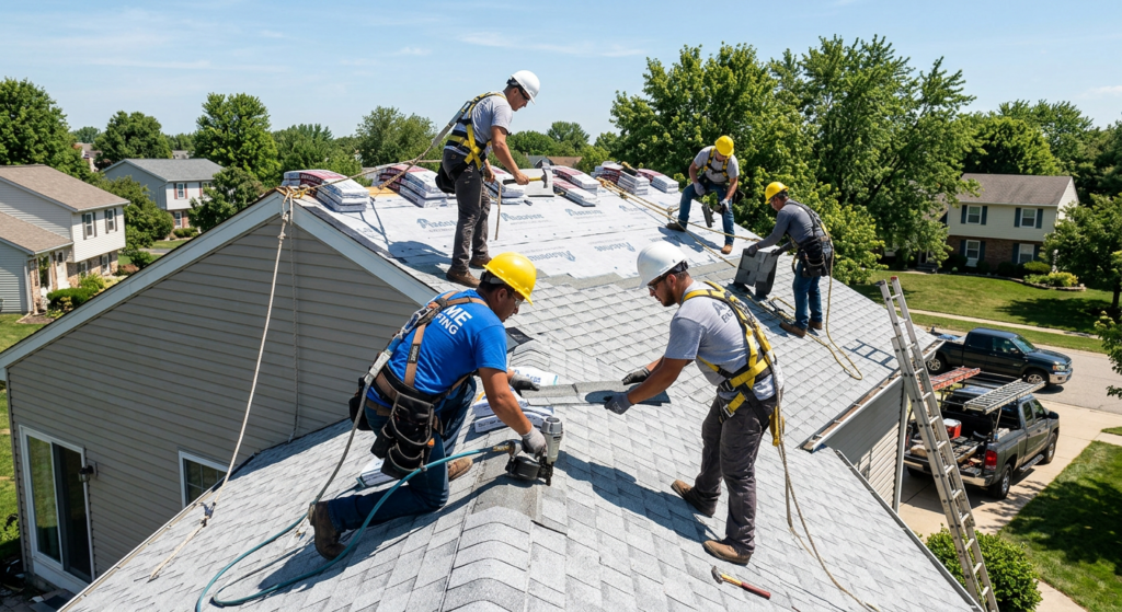 Five construction workers in helmets and safety gear install new shingles on a suburban house roof, with ladders and trucks nearby.