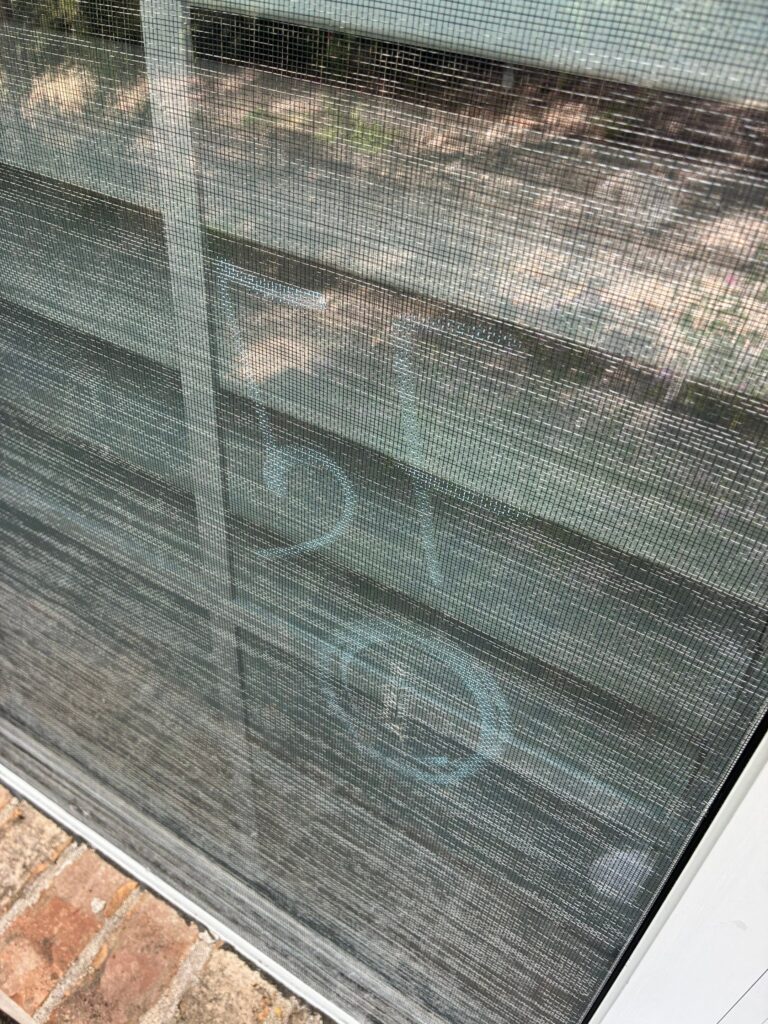 hail-damage-on-window - Driftwood Builders Roofing Close-up of a window screen with a blue chalk outline of a rectangular pet door drawn on it.