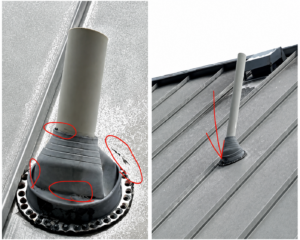 Vent pipe flashing on metal roof showing cracks and damaged seal around base (left panel).