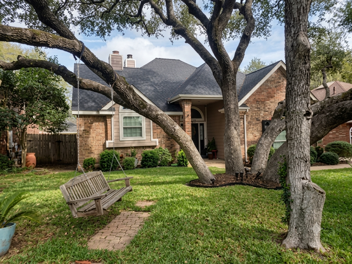 driftwoodbuildersroofingcom-proactive-18-year-old-roof-replacement-in-south-austin-texas-78745-proactive-18-year-old-roof-replacement-in-south-austin-texas-78745-2png - Driftwood Builders Roofing - Driftwood Builders Roofing Brick suburban house with a covered front porch, large tree and wooden swing in the yard; green lawn and shrubs line the walkway to the door.