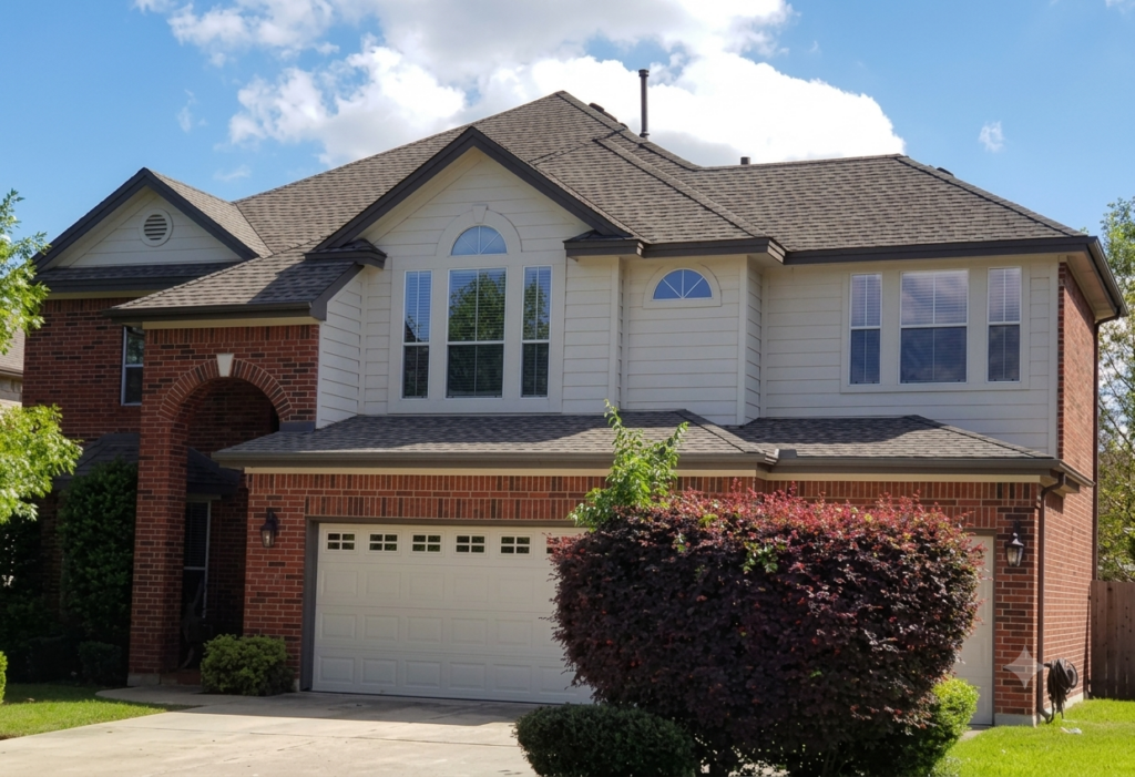 Two-story suburban house with brick and beige siding, a two-car garage, and trimmed landscaping under a blue sky.
