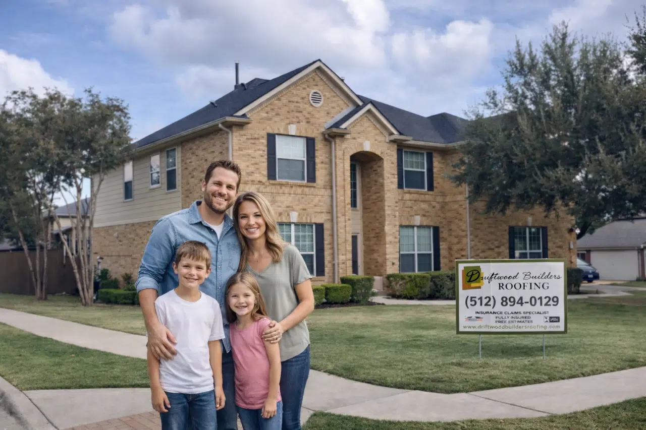 A smiling family of four stands on a curb in front of a beige brick two-story house, with a roofing sign showing Driftwood Builders Roofing and a phone number nearby.
