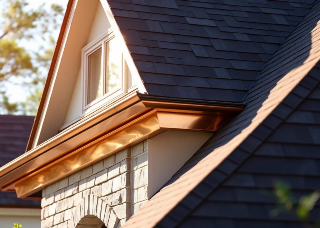 Copper gutter running along a pitched roof with a dormer window and stone arch below, bathed in sunlight.