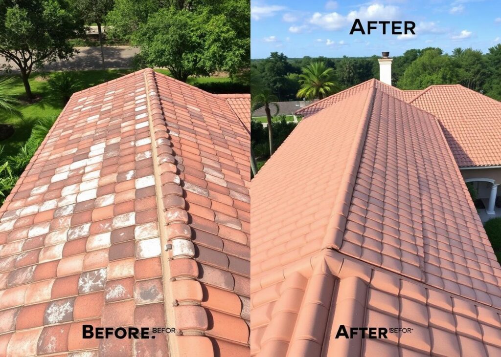 Split image showing a roof before and after cleaning: left side dirty, weathered tiles with white streaks; right side bright, cleaned terracotta tiles under a blue sky.