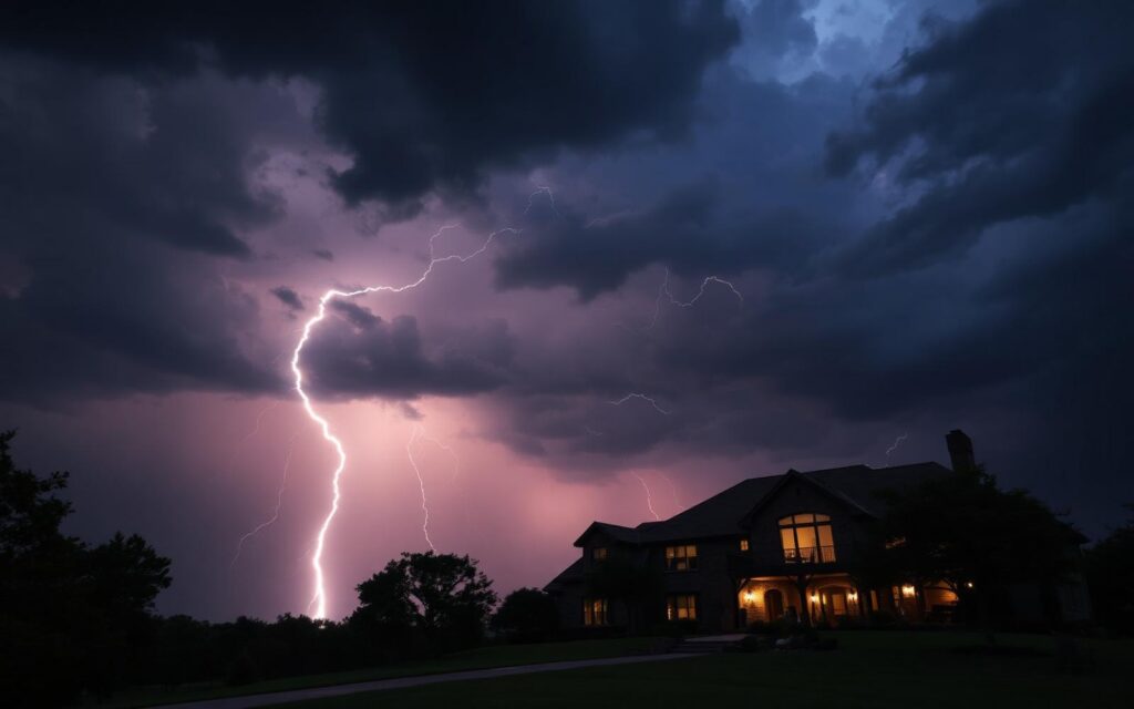 Dark stormy sky over a two-story house as bright lightning bolts strike near the front yard with trees in the foreground.