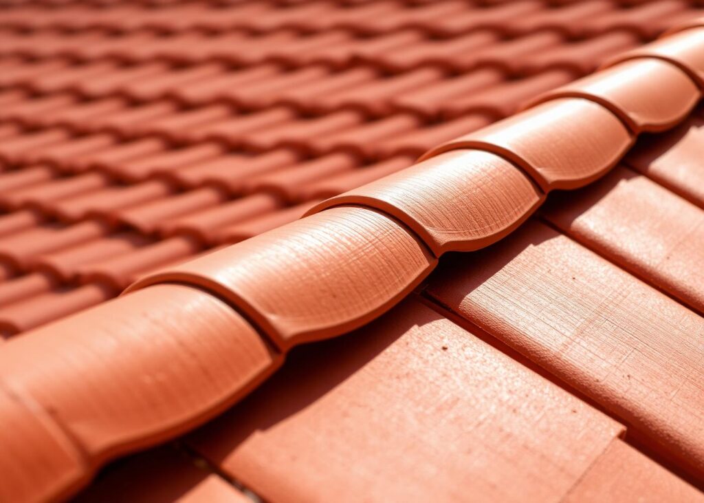 Close-up of orange clay roof tiles with curved edges on a sloped roof, sunlit and textured.