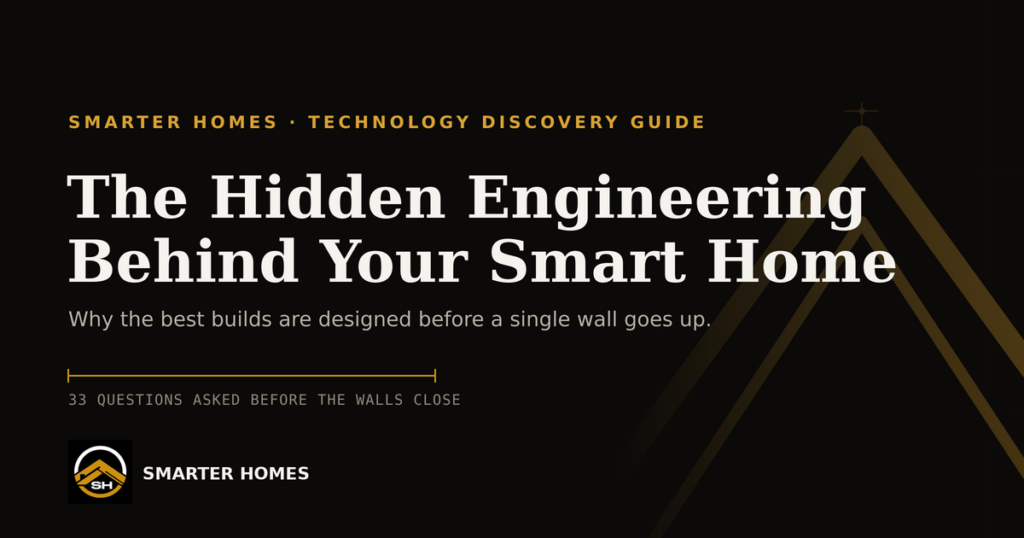 Hero banner announcing 'The Hidden Engineering Behind Your Smart Home' with subtitle and Smarter Homes logo in the bottom-left corner of a dark page.