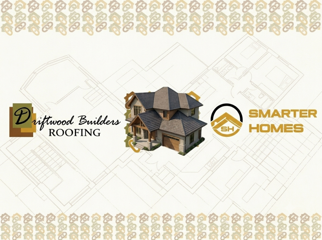 Collage banner for Driftwood Builders Roofing and Smarter Homes featuring a 3D house model over a blueprint background.