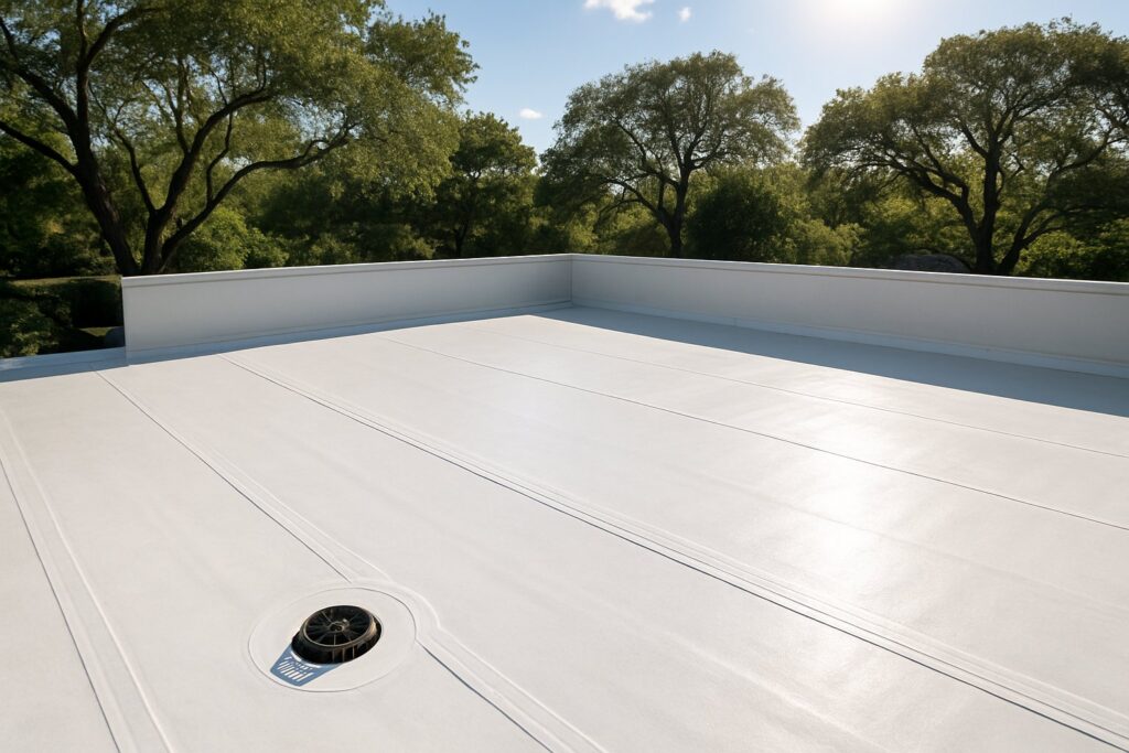 White flat rooftop with a circular drain in the foreground and a treed landscape beyond.