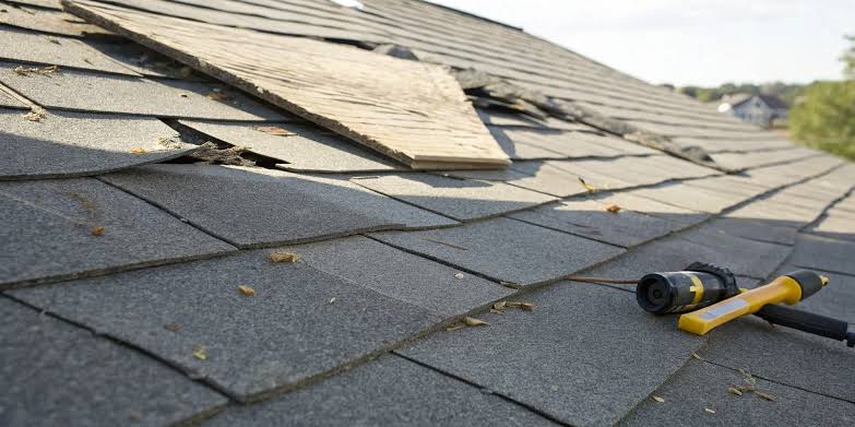 images 2 - Driftwood Builders Roofing - Driftwood Builders Roofing Roof repair scene with loose, damaged asphalt shingles and a plywood patch, tools resting on the slope.