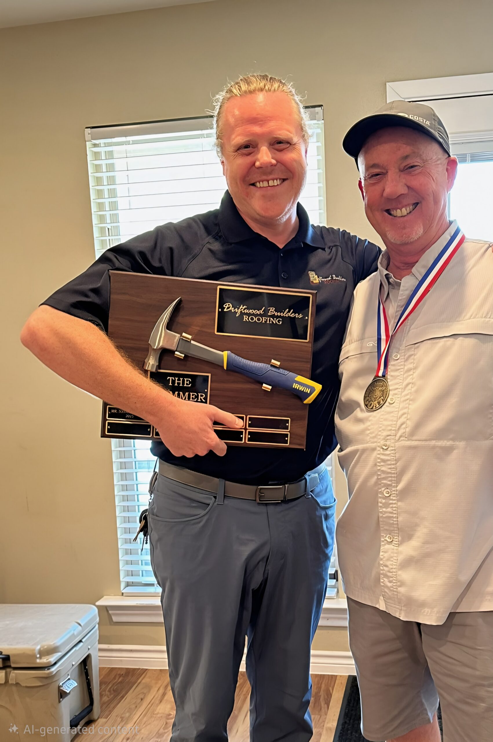 Two men pose indoors, smiling, one holding an award plaque with a hammer graphic and gold plates attached such as 'Driftwood Builders Roofing.'