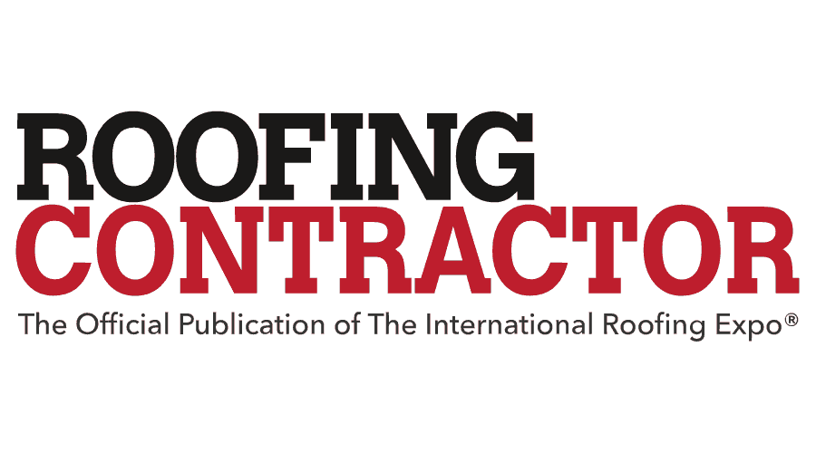 Logo for 'Roofing Contractor' magazine with black 'ROOFING' and red 'CONTRACTOR', subtitle reads 'The Official Publication of The International Roofing Expo'