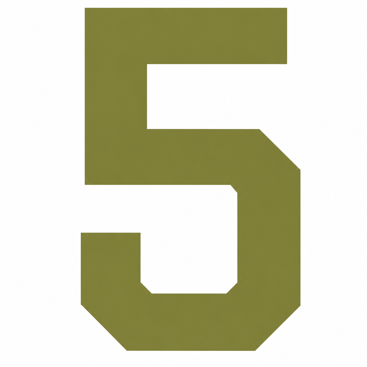 Olive green, bold geometric numeral 5 on a white background.