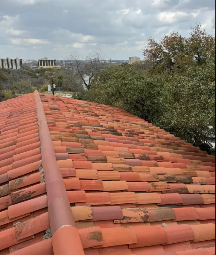 Clay tile roof with red-orange tiles extending toward a distant city skyline and trees under a cloudy sky.