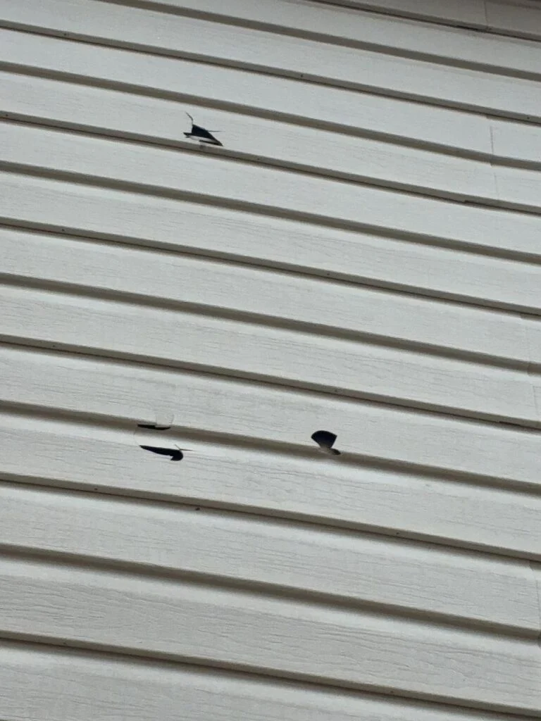 Torn hail punctures in vinyl siding lap boards