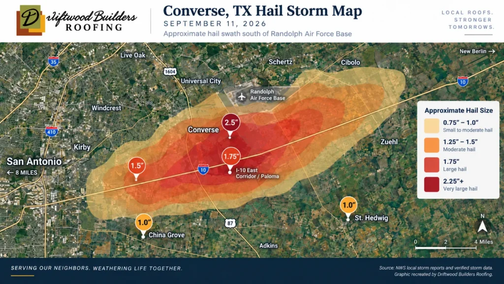 Map showing the approximate September 11, 2026 hail swath near Converse, Texas and Randolph Air Force Base