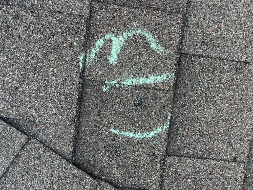Close-up of a single hail impact circled in chalk on an asphalt shingle, with granule loss visible at the centre of the strike