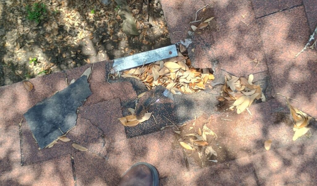 Close-up of torn asphalt shingles and an exposed metal edge at the bottom of a roof valley, with oak leaves packed into the opening