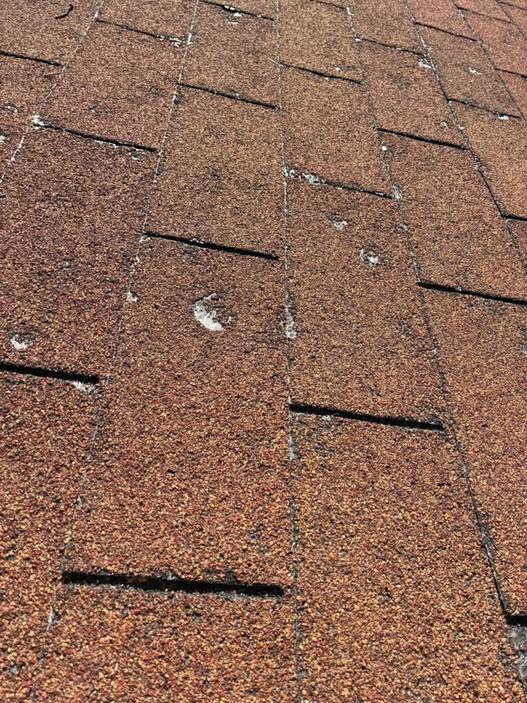 Round impact marks with granule loss on asphalt shingles after a Central Texas storm