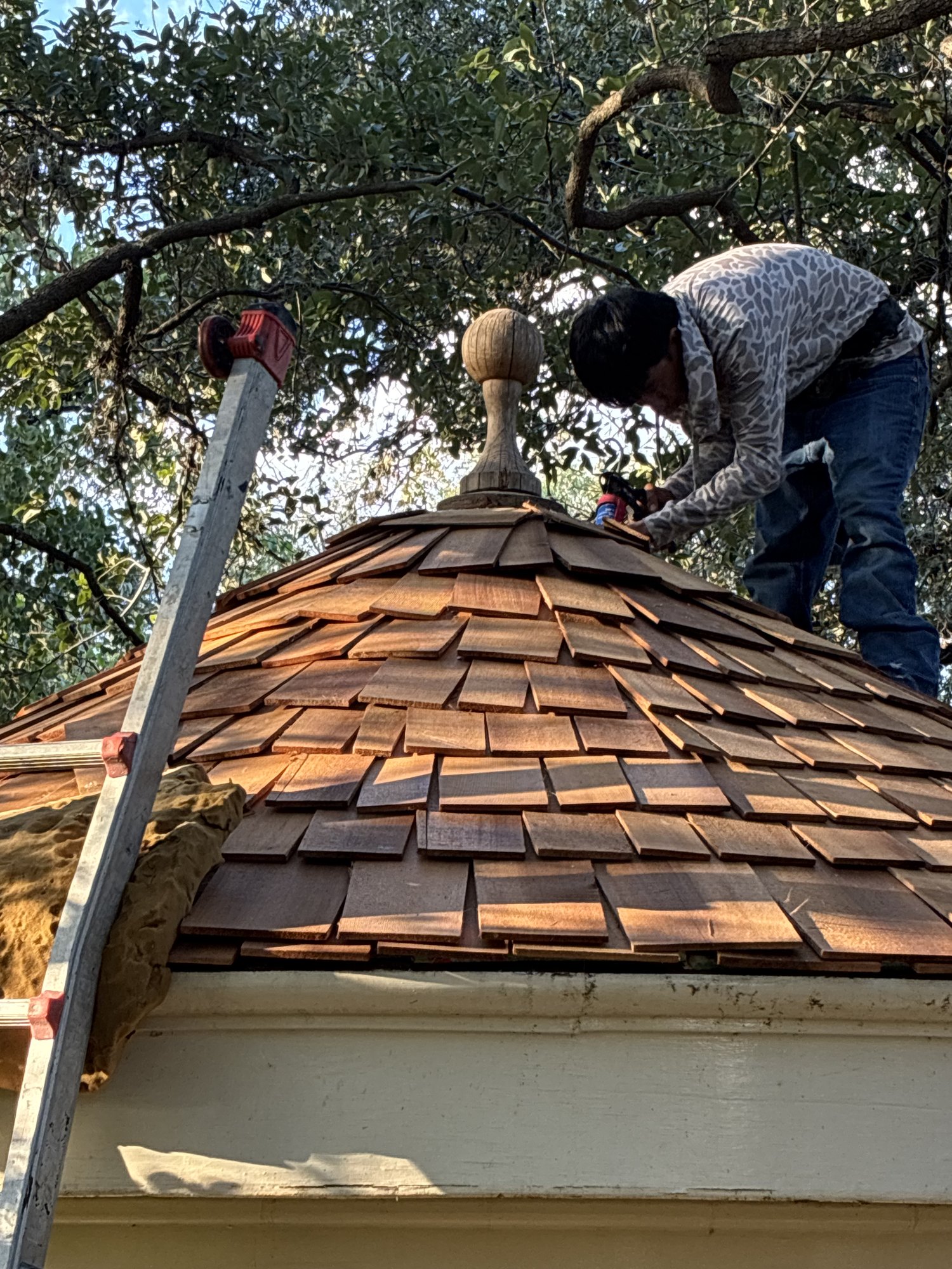 New cedar roof installation on gazebo at Laguna Gloria in Austin